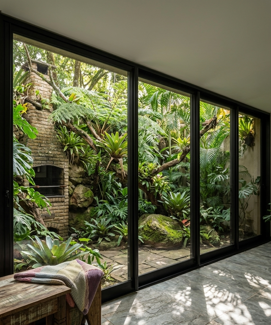 Cortina de vidro com perfilaria preta de piso ao teto para área gourmet — Swiss Park Campinas