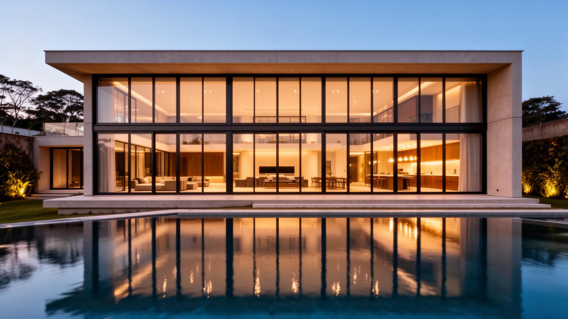 Residência contemporânea em Vinhedo com fachada totalmente envidraçada