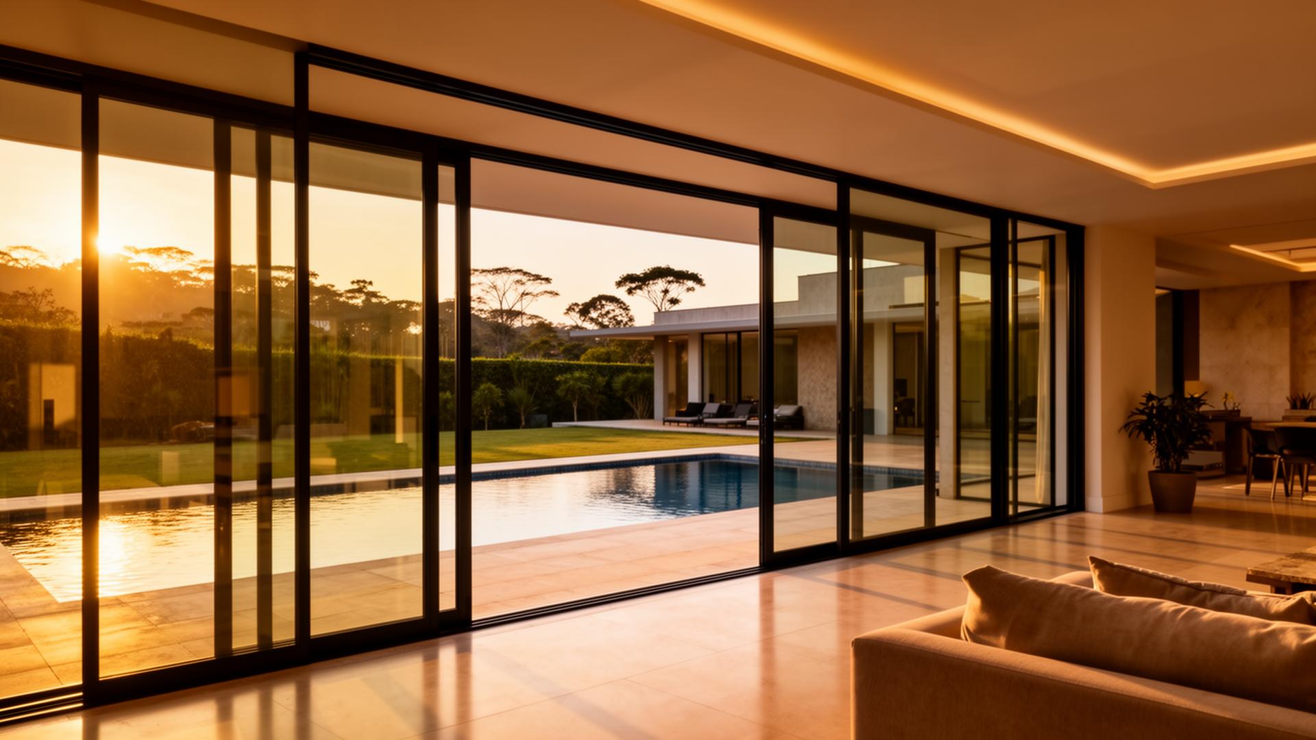 Residência de alto padrão em Vinhedo com esquadrias de alumínio Linha Gold ao entardecer